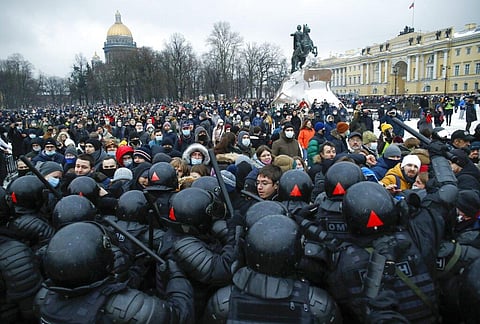 People clash with police during a protest against the jailing of opposition leader Alexei Navalny in St.Petersburg, Russia, Saturday, Jan. 23, 2021. (Photo | AP)