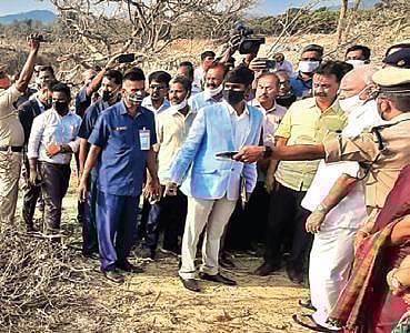 Chief Minister B S Yediyurappa visits the quarry where six labourers died in a blast near Shivamogga, on Saturday | Shimoga Nandan