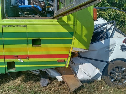 The mangled remains of the car and the bus at Chachadi-Gontmar cross in Karnataka (Photo | Express)
