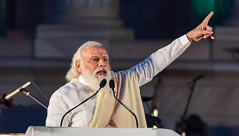 Prime Minister Narendra Modi addresses during 125th birth anniversary of Netaji Subash Chandra Bose at Victoria Memorial in Kolkata. (Photo | PTI)