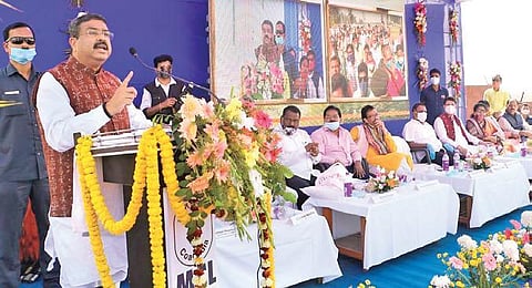 Union Minister Dharmendra Pradhan addresses after unveiling statue of Veer Surendra Sai at Jharsuguda airport on Saturday | Express