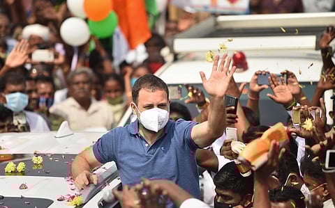 Congress leader Rahul Gandhi during his election campaign ahead of Tamil Nadu assembly polls at Poondurai in Erode district Sunday (Photo | PTI)