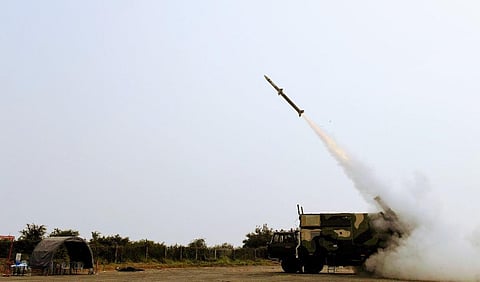 The 'Akash-Next Generation' missile being test-fired from a defence facility off Odisha coast on Monday. (Photo | Special arrangement)