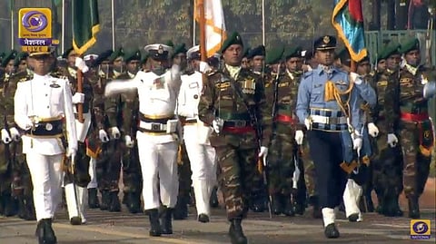 Marching Contingent & Band of Bangladesh Army participate in Republic Day parade.  (Photo | Twitter/ANI)
