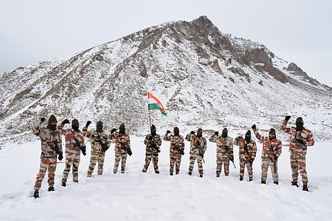 ITBP personnel with the Indian flag at Ladakh. (Photo | Twitter/ ITBP)