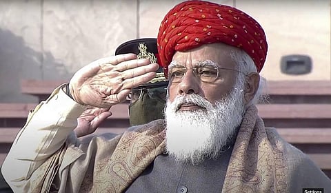 Prime Minister Narendra Modi pays homage to the martyrs at the National War Memorial on the occasion of Republic Day in New Delhi Tuesday Jan. 26 2021. (Photo | Twitter)