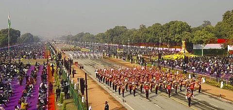 A military band marches throughthe ceremonial Rajpath boulevard during India's Republic Day celebrations in New Delhi, India, Tuesday, Jan.26, 2021. (Photo | AP)