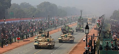 Indian Armys tanks and equipment during the full dress rehearsal for the upcoming Republic Day Parade in New Delhi on Saturday. (Photo | Shekhar Yadav/EPS)