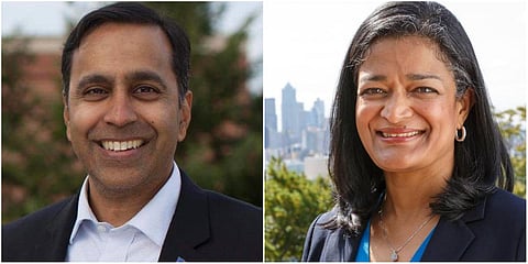 Indian-origin US lawmakers Raja Krishnamoorthi (L) and Pramila Jayapal (Photo| Facebook)