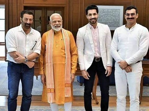 Deep Sidhu (second from right) with PM Modi and BJP MP Sunny Deol. (Photo | Twitter)