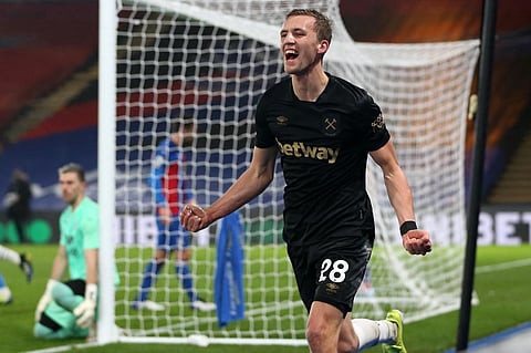West Ham United's Czech midfielder Tomas Soucek celebrates scoring his team's second goal during the English Premier League football match vs Crystal Palace. (Photo | AFP)