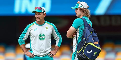 Australian coach Justin Lander (L) with batsman Will Pucovski (Photo | AP)