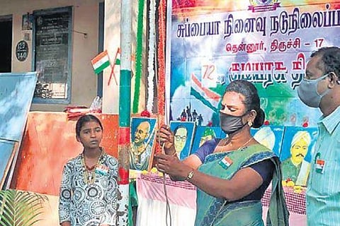 M Sneha hoists the Tricolour at Subbaiah Memorial School in Tiruchy on Tuesday | Express