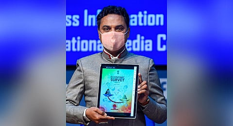 Chief Economic Advisor Krishnamurthy Subramanian during a press conference on Economic Survey 2020-21, in New Delhi. (Photo | PTI)