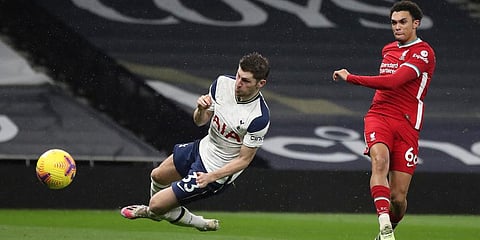 Liverpool's Trent Alexander-Arnold scores his side's second goal during the EPL match against Tottenham Hotspur at the Tottenham Hotspur Stadium in London. (Photo | AP)