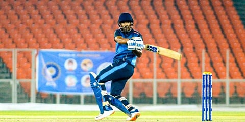 Baroda's Kartik Kakade was unbeaten on 53 (Photo | @BCCIDomestic)