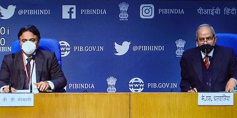 Drugs Controller General of India DCGI Dr V G Somani along with Principal Director General of Press Information Bureau K S Dhatwalia R during a press conference in Delhi. (Photo | PTI)