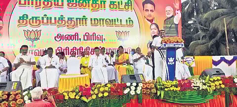 BJP Tamil Nadu president L Murugan addressing office-bearers at a meeting in Alangayam of Tirupattur district on Saturday | S dinesH
