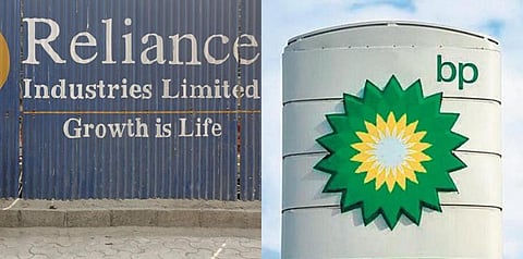 Logos of Reliance Industries . (File photo| Reuters)(L) and BP Plc