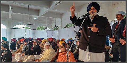 SAD President Sukhbir Singh Badal addresses party supporters during 'Akhand Paath', a prayer meeting for farmers who lost their lives in protests against the new farm laws, in Bathinda. (Photo I PTI)