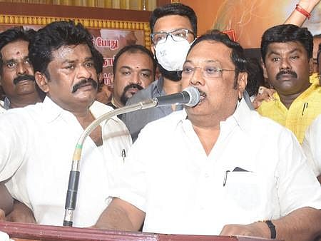 Ex-Union Minister M K Alagiri is seen addressing his supporters during a meeting organised at Madurai. (Photo | EPS)