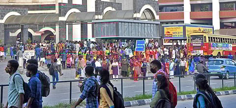 Social distancing norms are often violated blatantly at public places in the district. A scene from the Thampanoor bus terminal. (Photo | BP Deepu, EPS)