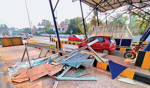 The destroyed cabin of the toll booth on Alappuzha bypass at Kommady | Express