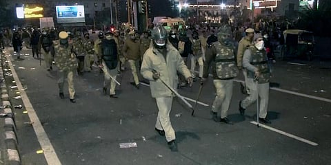 Delhi Police flag march at ITO in New Delhi on Tuesday. (File photo| ANI)