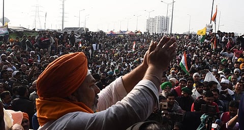 BKU spokesperson Rakesh Tikait addresses during a protest over Centres farm reform laws at Ghazipur border in New Delhi. (Photo | Parveen Negi/EPS)
