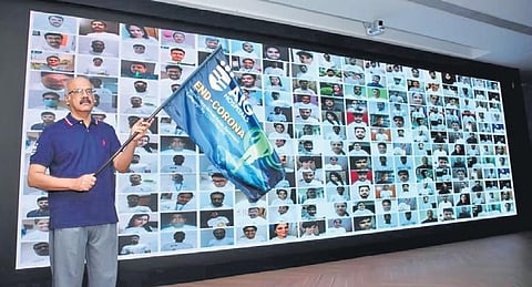 Dr D Nageshwar Reddy, Chairman and Chief of Gastroenterology, AIG Hospitals, flags off the grand finale of the virtual ‘End Corona Campaign’ in Gachibowli on Sunday.