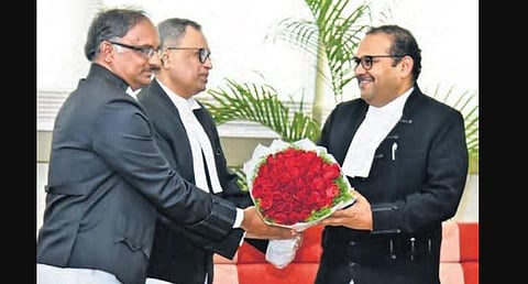High Court judges felicitating outgoing  Chief Justice of the Andhra Pradesh High Court Justice JK Maheshwari. (Photo | Express)