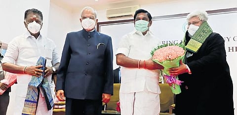 Chief Minister Edappadi K Palaniswami and Deputy Chief Minister O Panneerselvam greeting the new Chief Justice of Madras High Court | Express
