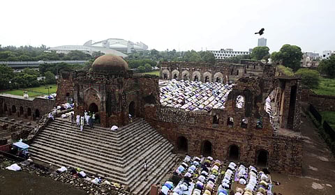 Devotees offer Eid al-Adha prayers at Feroz Shah Kotla mosque in New Delhi. (Photo | Shekhar Yadav | EPS)