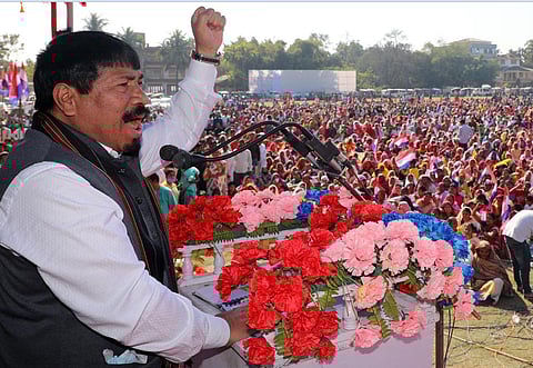 AGP president and Minister Atul Bora addressing the people at the party's 'National Unity Conclave'.