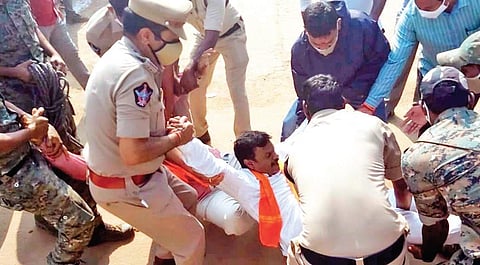 Police take BJP MLC PVN Madhav into custody at Ramatheertham in Vizanagaram district. (Photo | Express)