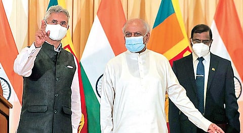 External Affairs Minister S Jaishankar with his Sri Lankan counterpart  Dinesh Gunawardena after a joint media briefing in Colombo Wednesday | PTI