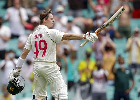 Australia's Steve Smith celebrates on reaching a century. (Photo | AP)