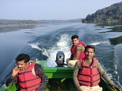 Forest officials from Kali Tiger Reserve take up boat patrolling in Supa dam backwaters (Photo | Express)