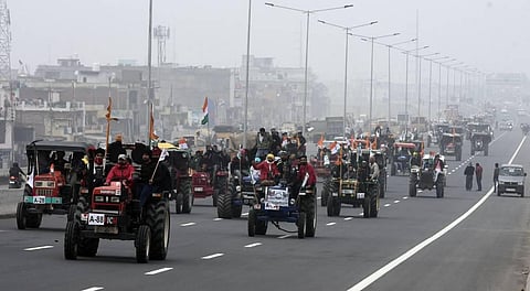 Farmers are participating in a tractor rally on The delhi meerut expressway on Thursday in a rehearsal for January 26 when they will move into Delhi. (Photo | Parveen Negi/EPS)