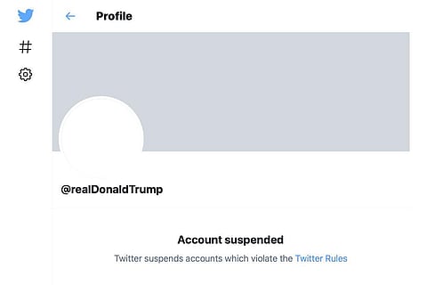 This Friday, Jan. 8, 2021 image shows the suspended Twitter account of President Donald Trump. (Photo | AP)