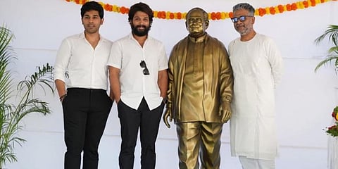 From Left: Allu Sirish, Allu Arjun and Allu Bobby with the unveiled statue of their late Grandfather Padma Sri Allu Ramalingaiah at Allu studios. (Photo | Twitter, Allu Arjun)