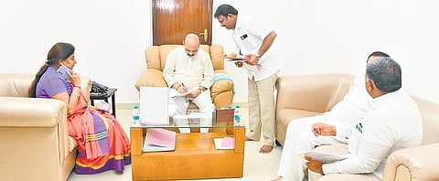 Chief Minister Basavaraj Bommai discusses development issues with party MLAs at his official residence in Bengaluru on Thursday | Express