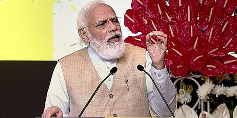 Prime Minister Narendra Modi addresses during the launch of Swachh Bharat Mission-Urban 2.0 and AMRUT 2.0 in New Delhi. (Photo | PTI)