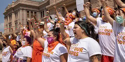 Women protest against Texas' restrictive abortion law at the Capitol in Austin, Texas. (Photo | AP)
