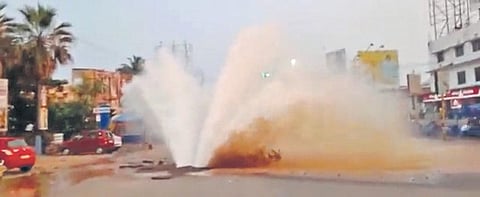 The underground pipeline that burst at Badambadi on Sunday.