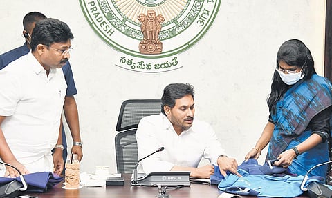 Chief Minister M YS Jagan Mohan Reddy holds a review meeting on educations at his camp office in Tadepalli on Monday. (Photo | Express)