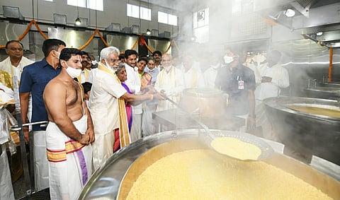 Andhra CM YS Jagan Mohan Reddy at the newly inaugurated 'Boondi Potu' in Tirumala on Tuesday. (Photo | Express)