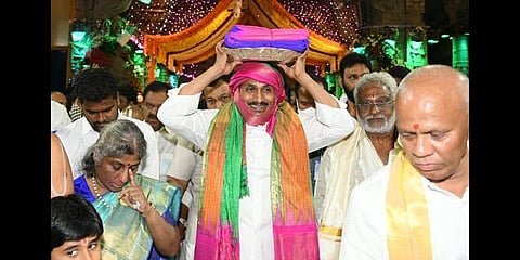 Chief Minister YS Jagan Mohan Reddy offers Pattu Vastrams to Lord Venkateswara at Tirumala on Monday and participates in Garuda Seva. (Photo | EXPRESS)