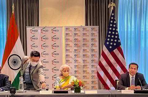 Union Finance Minister Nirmala Sitharaman during the investors roundtable meeting hosted by FICCI and US-India Strategic Partnership Forum in Boston. (Photo | PTI)