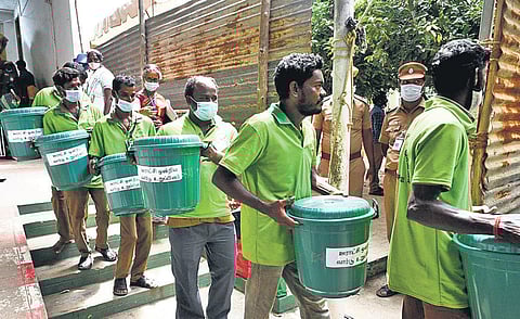 Vote counting underway at a center in Chengalpattu’s Tambaram on Tuesday | Ashwin Prasath